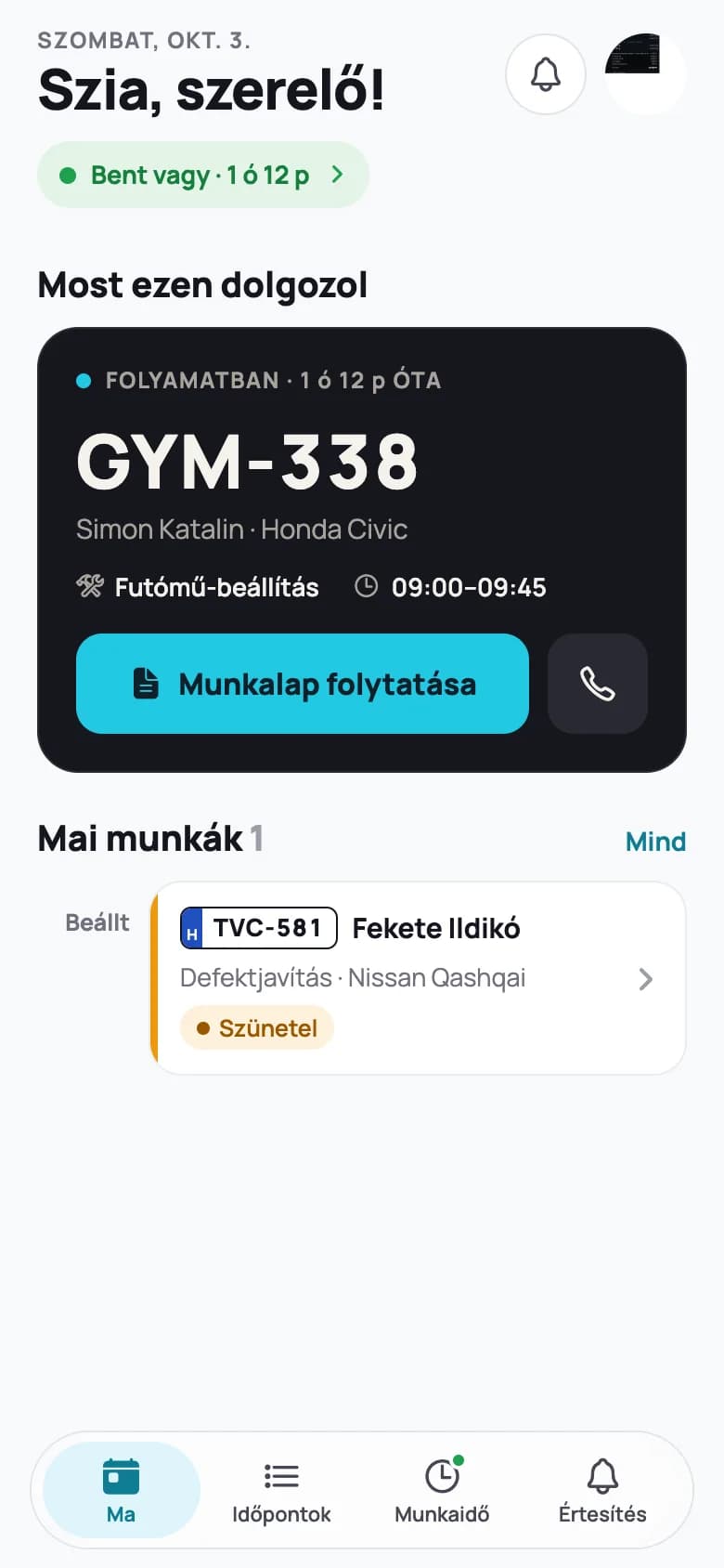 A Gumify Műhely szerelői app főképernyője: a folyamatban lévő munka rendszámmal és a mai munkák.