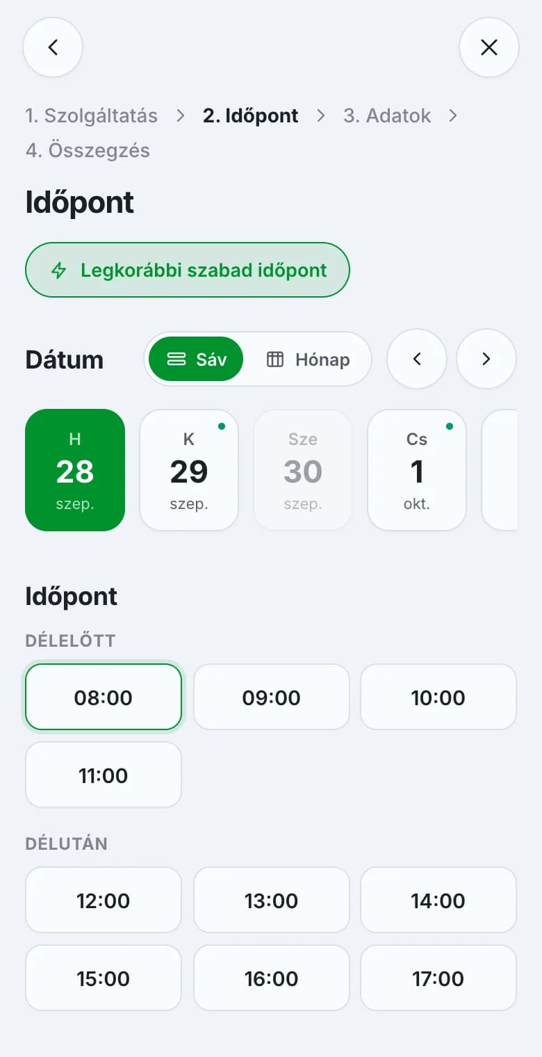 A Gumify foglaló időpont-lépése: napválasztó és a szabad időpontok.