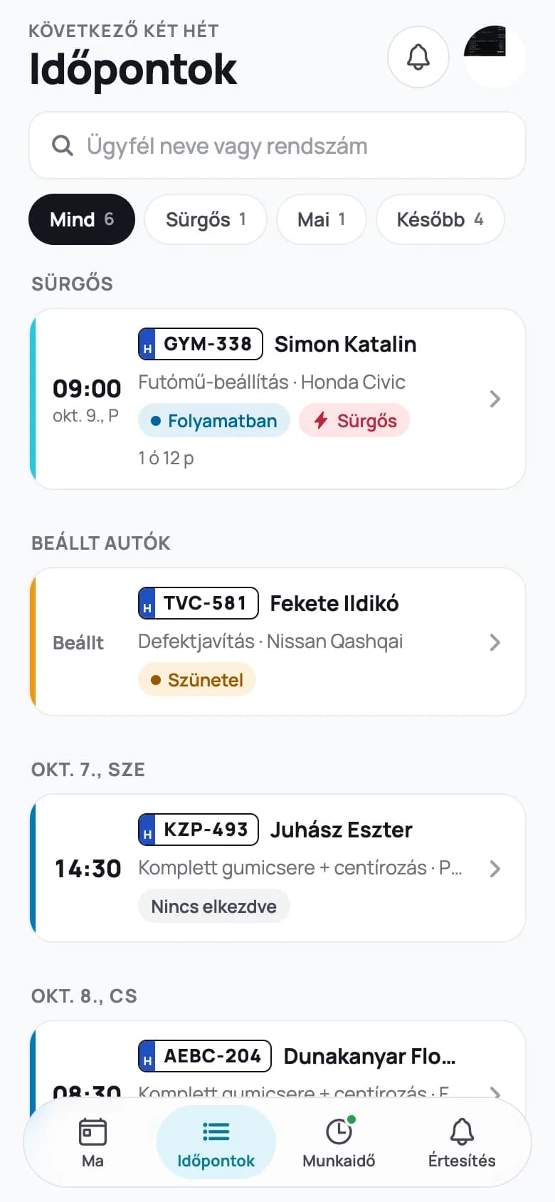 A Gumify Műhely szerelői app időpontlistája: sürgős, beállt és következő munkák.